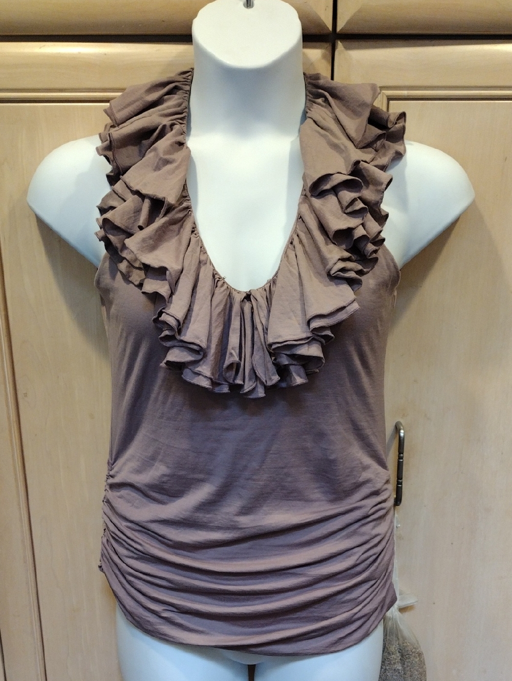 Ralph Lauren Sport Taupe Ruffled  Deep V-Neck Sleeveless Top